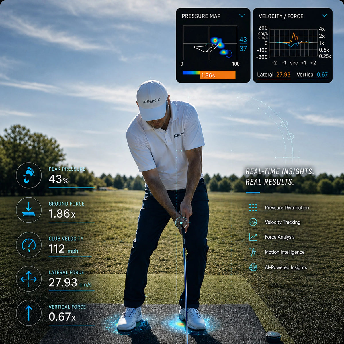Golfer using AiSensor Force Mat with real-time pressure and velocity data overlay